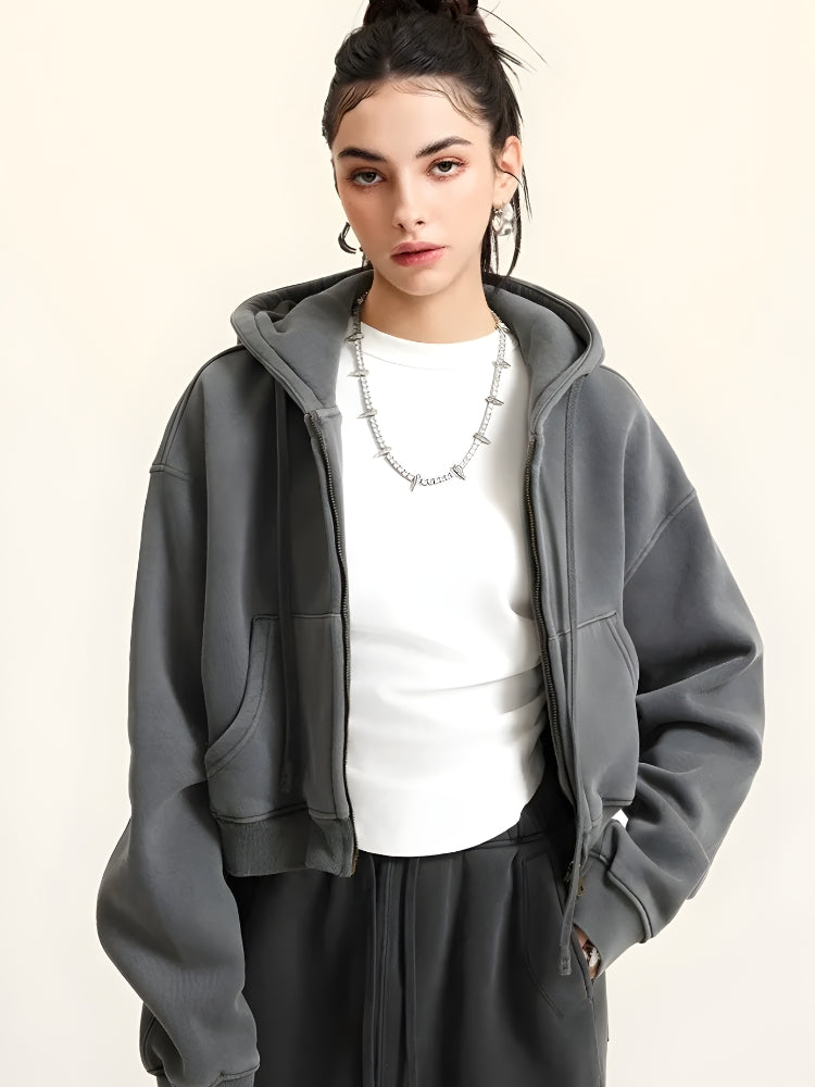 Double Zip-Up Cropped Hoodie - Fashionpara