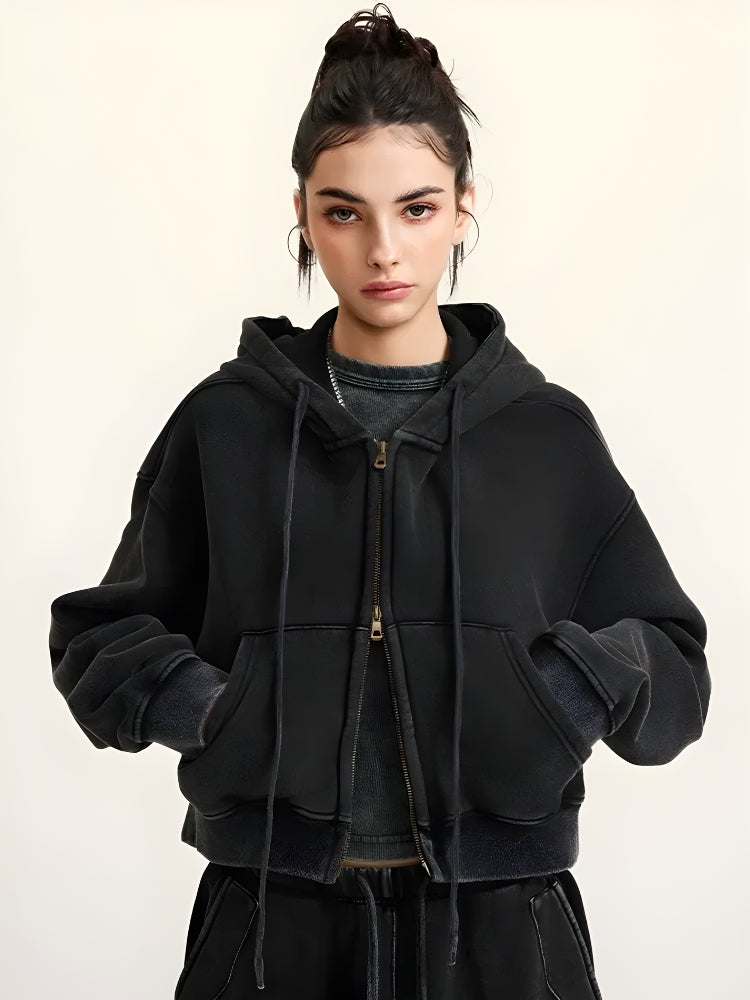 Double Zip-Up Cropped Hoodie - Fashionpara