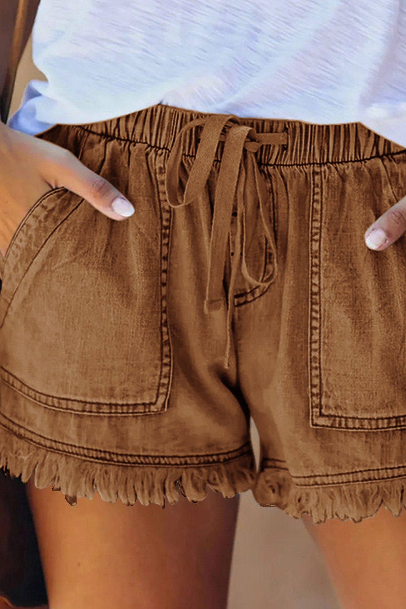 Drawstring Waist Raw Edge Denim Shorts