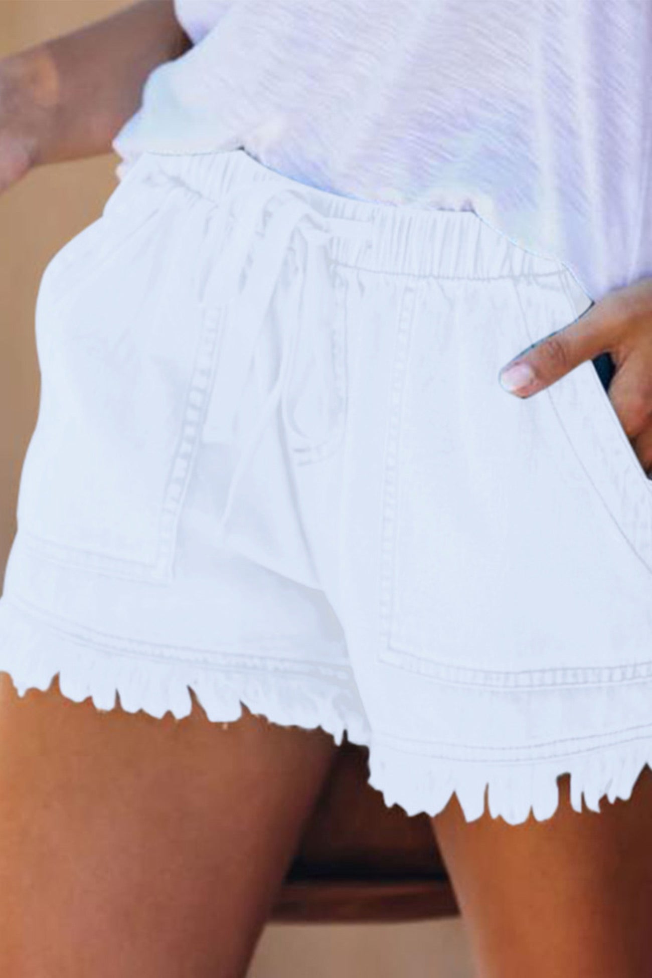 Drawstring Waist Raw Edge Denim Shorts