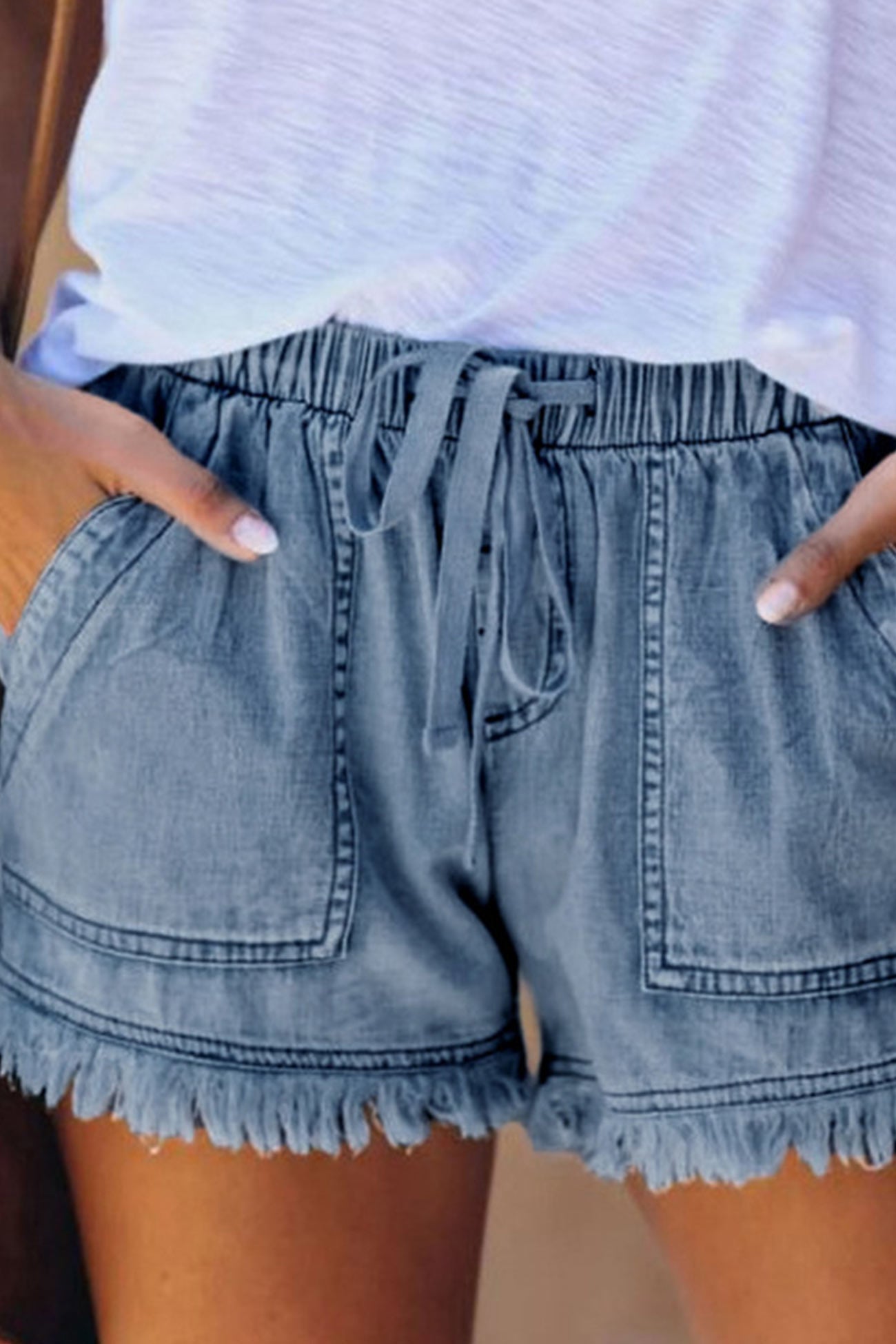 Drawstring Waist Raw Edge Denim Shorts