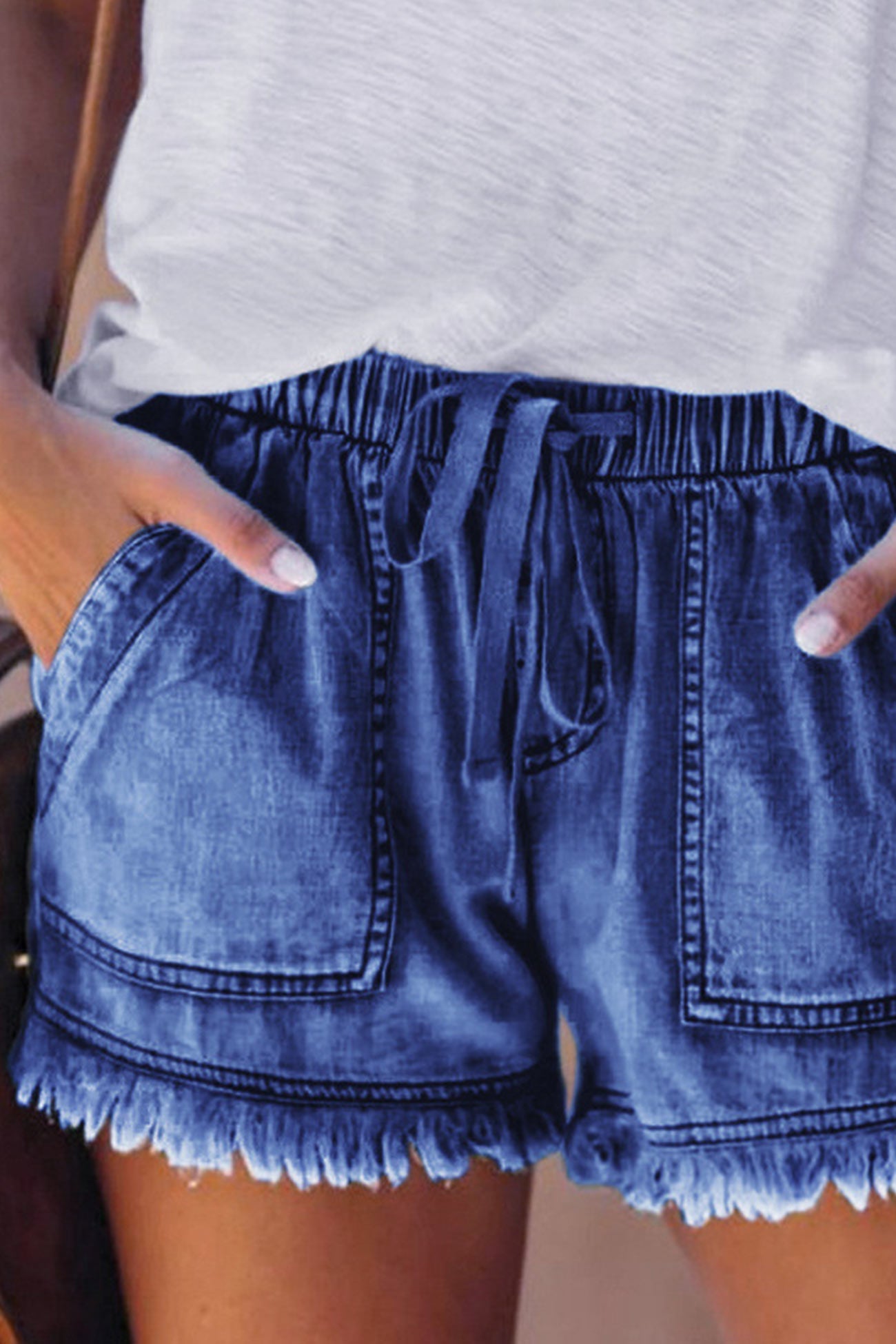 Drawstring Waist Raw Edge Denim Shorts