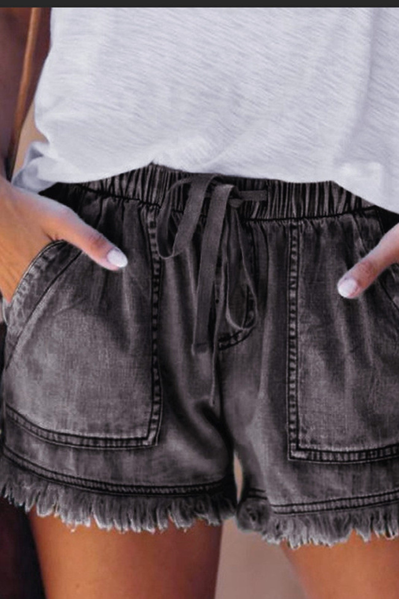 Drawstring Waist Raw Edge Denim Shorts