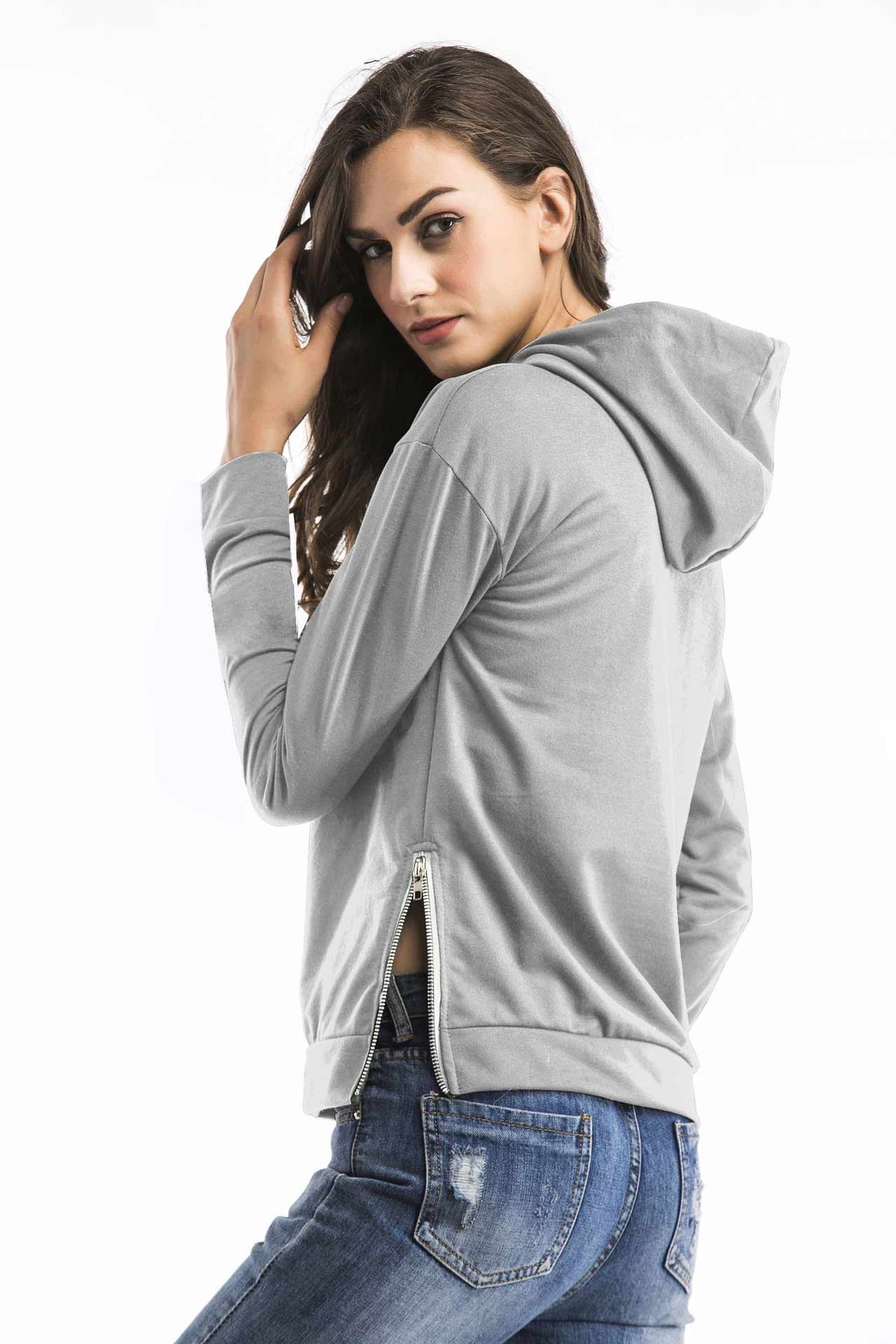 Drawstring Zip Up Side Sweatshirt
