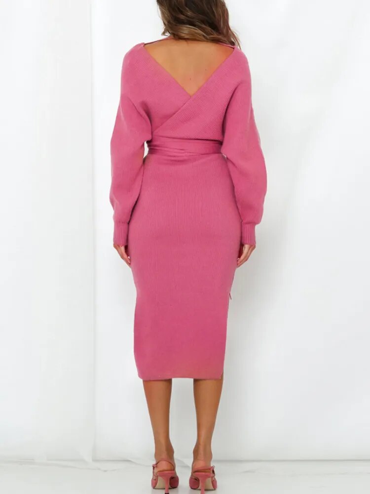 V-neck Belted Backless Sweater Dress 2