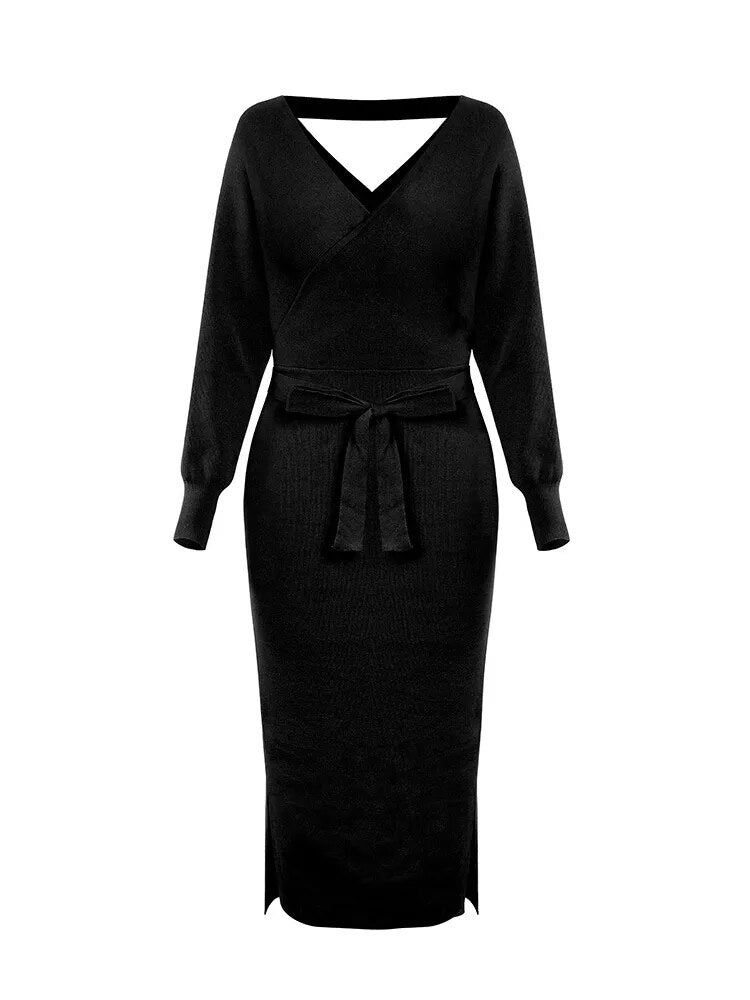 V-neck Belted Backless Sweater Dress 7