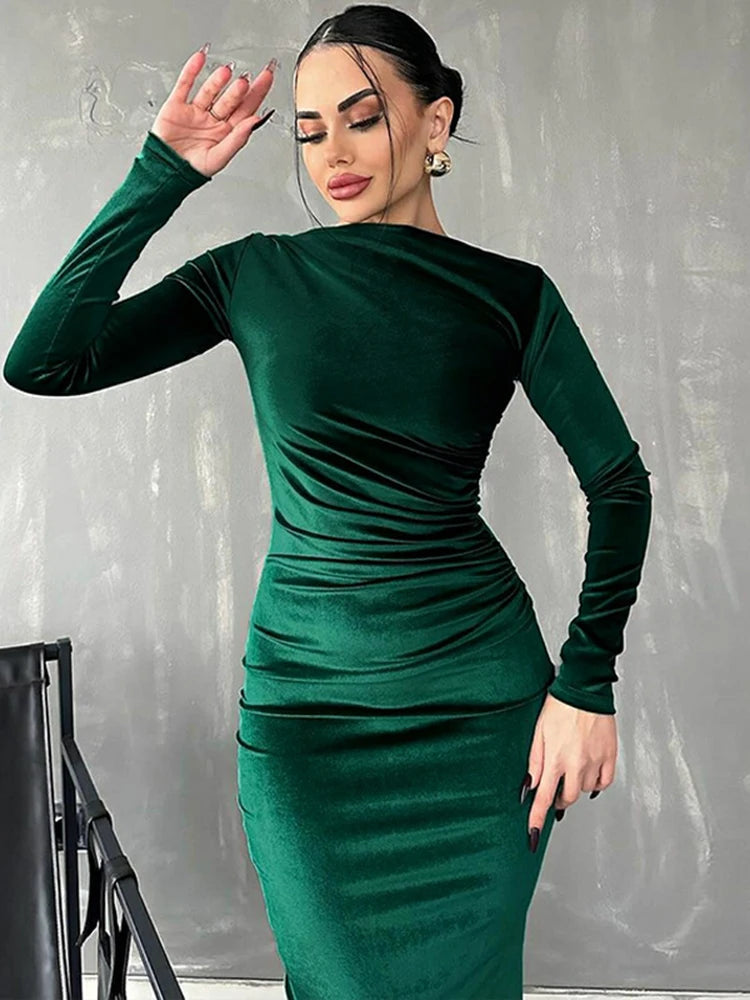 Velvet Long Sleeve Midi Dress - Elegant Party Clothes for Christmas Party - Fashionpara