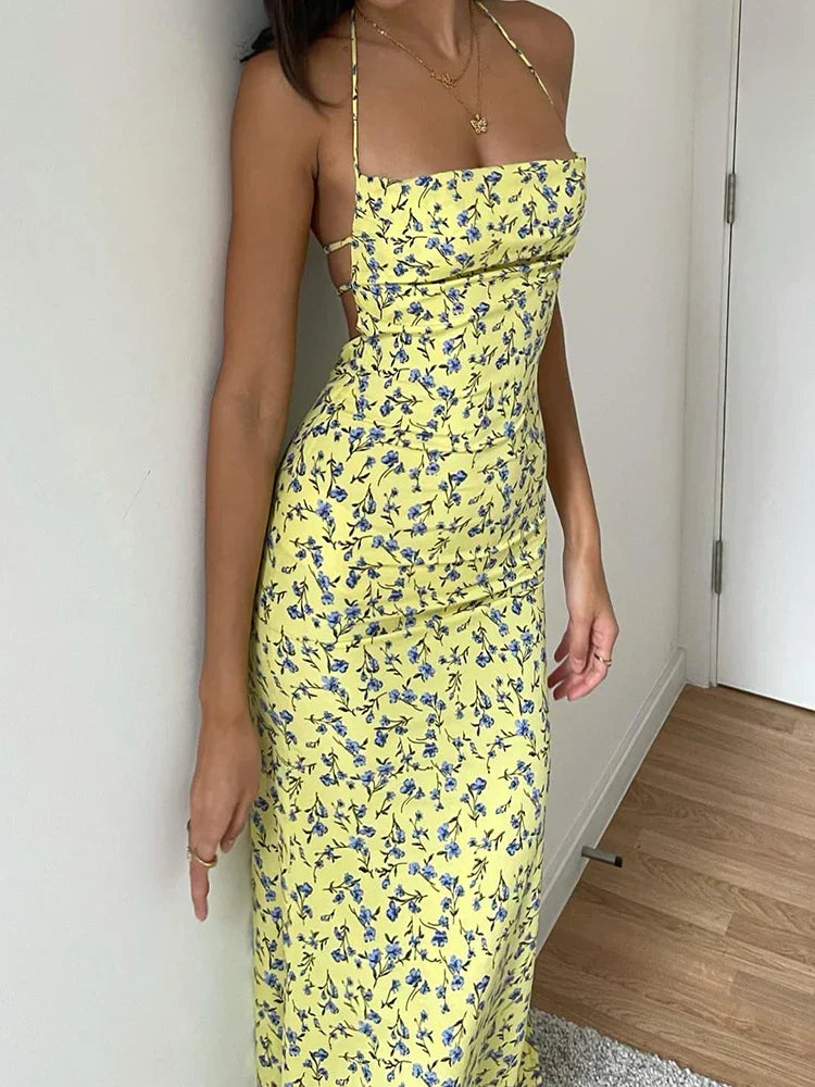 Floral Halter Neck Lace Up High Split Bodycon Midi Dress - View 2