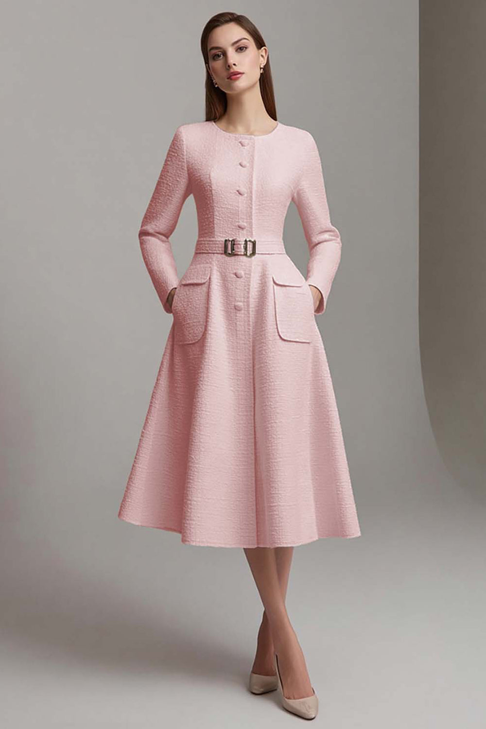 Ivory Tweed A Line Boat Neck Midi Homecoming Outfits with Belts