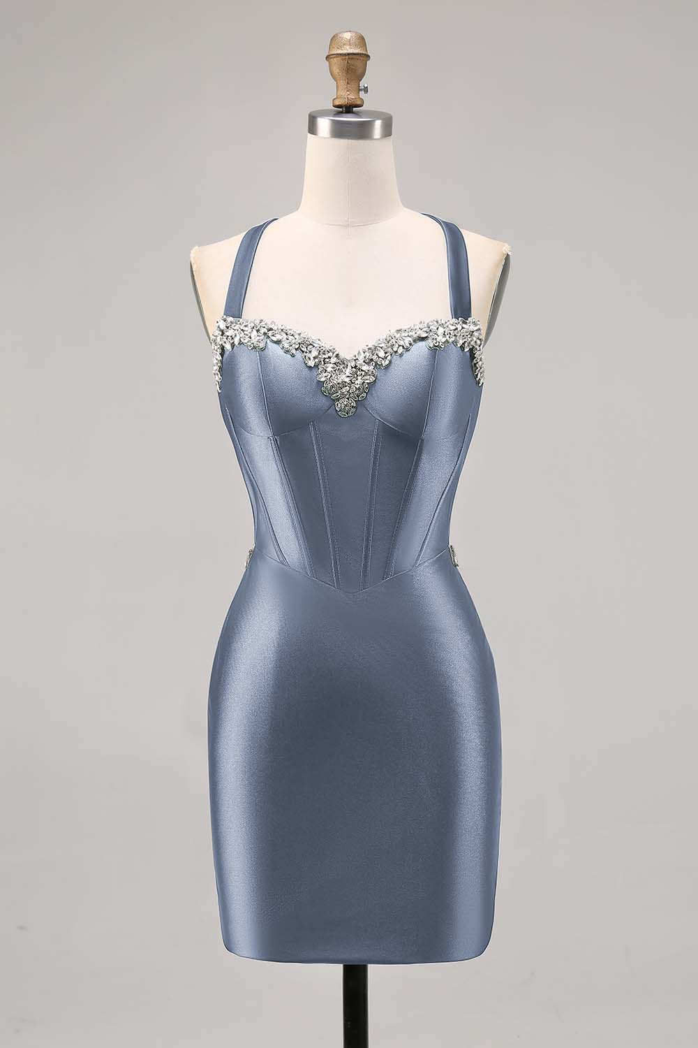 Sparkly Dark Green Corset Tight Satin Short Homecoming Dress with Beading