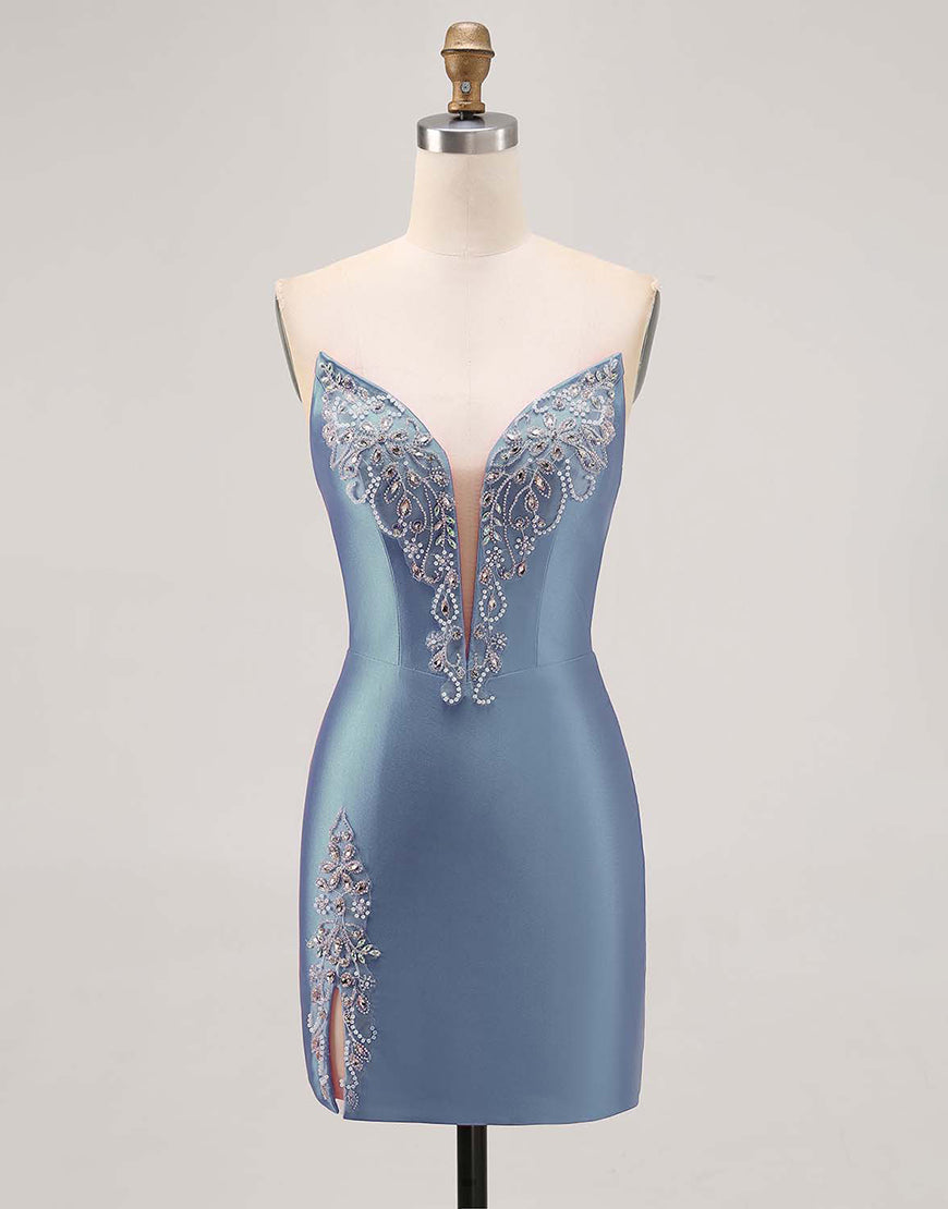 Sparkly Fuchsia Satin Tight Strapless Short Homecoming Dress with Rhinestones