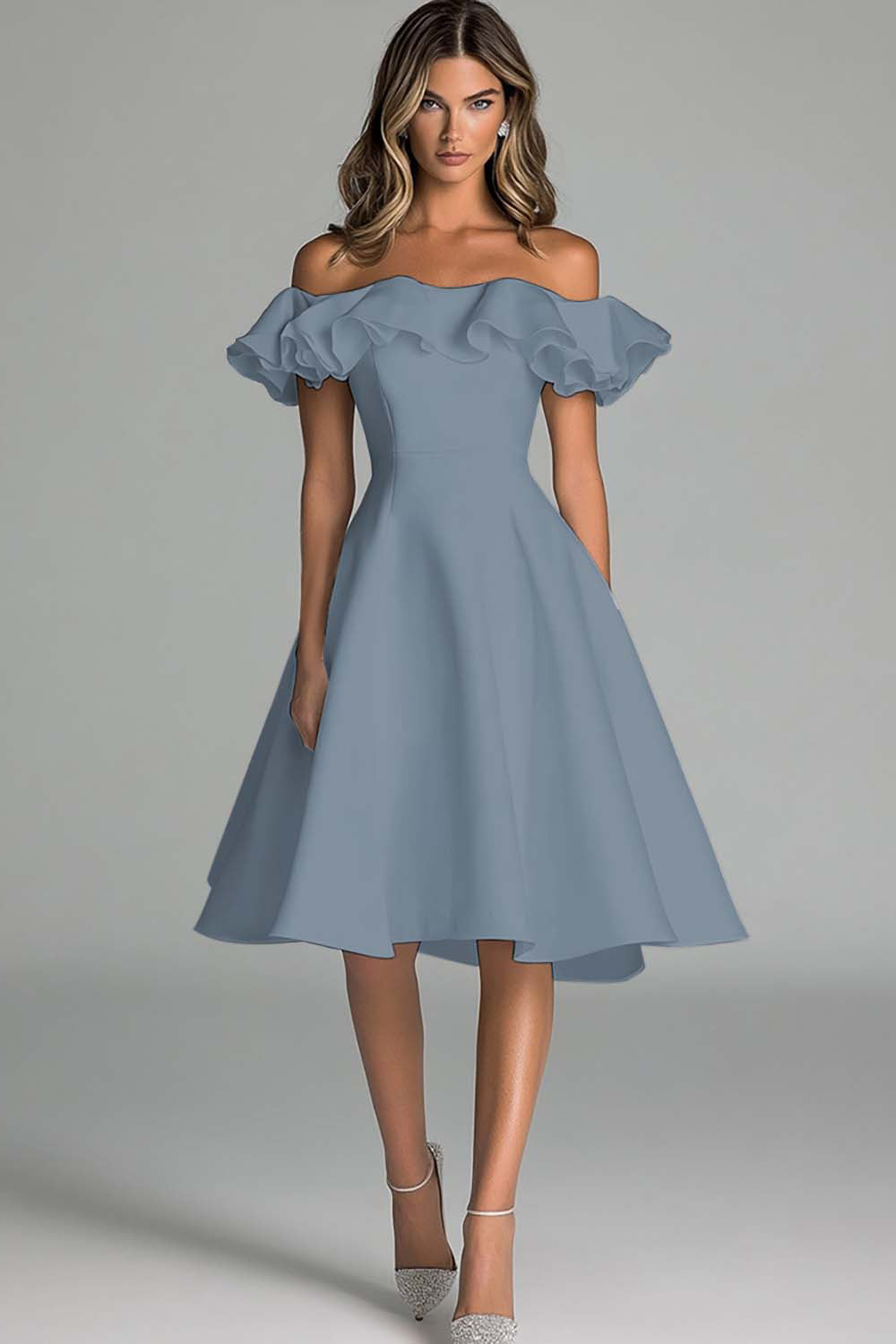 Dusty Blue A Line Satin Off the Shoulder Short Graduation Dress with Ruffles