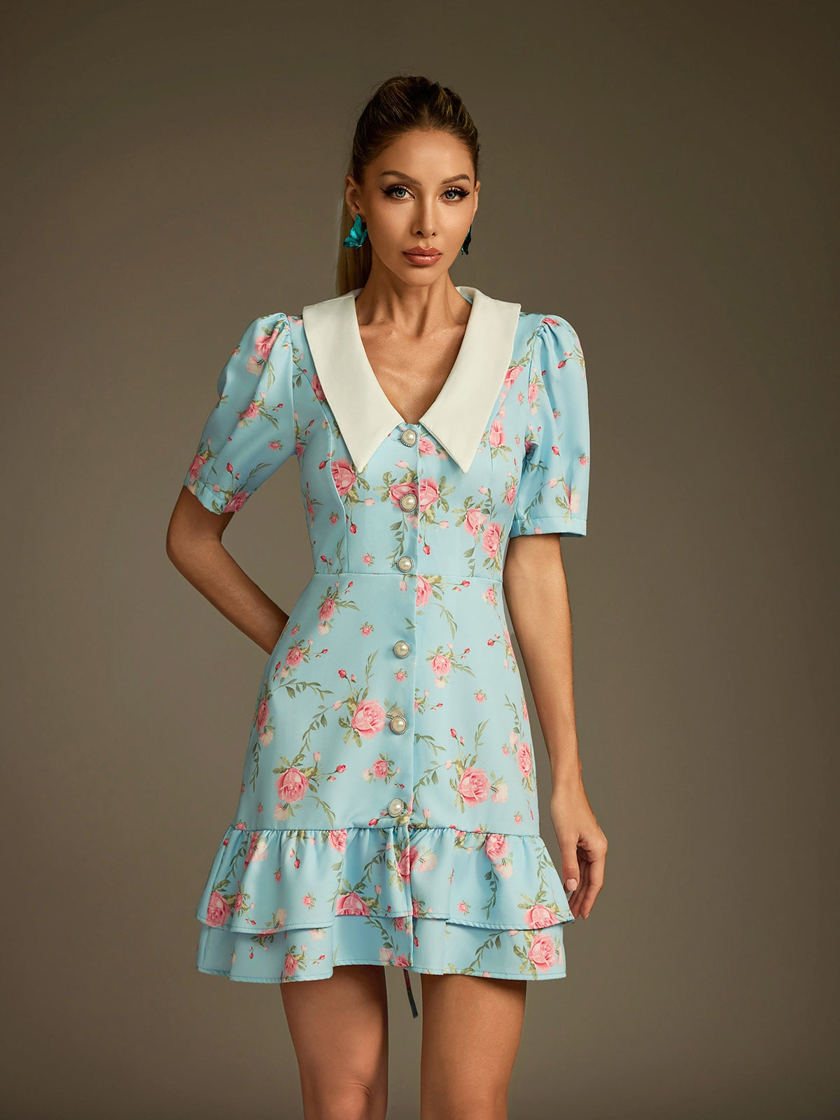 Floral Rose Print Deep V-Neck Pointed Collar Pearl Mini Dress