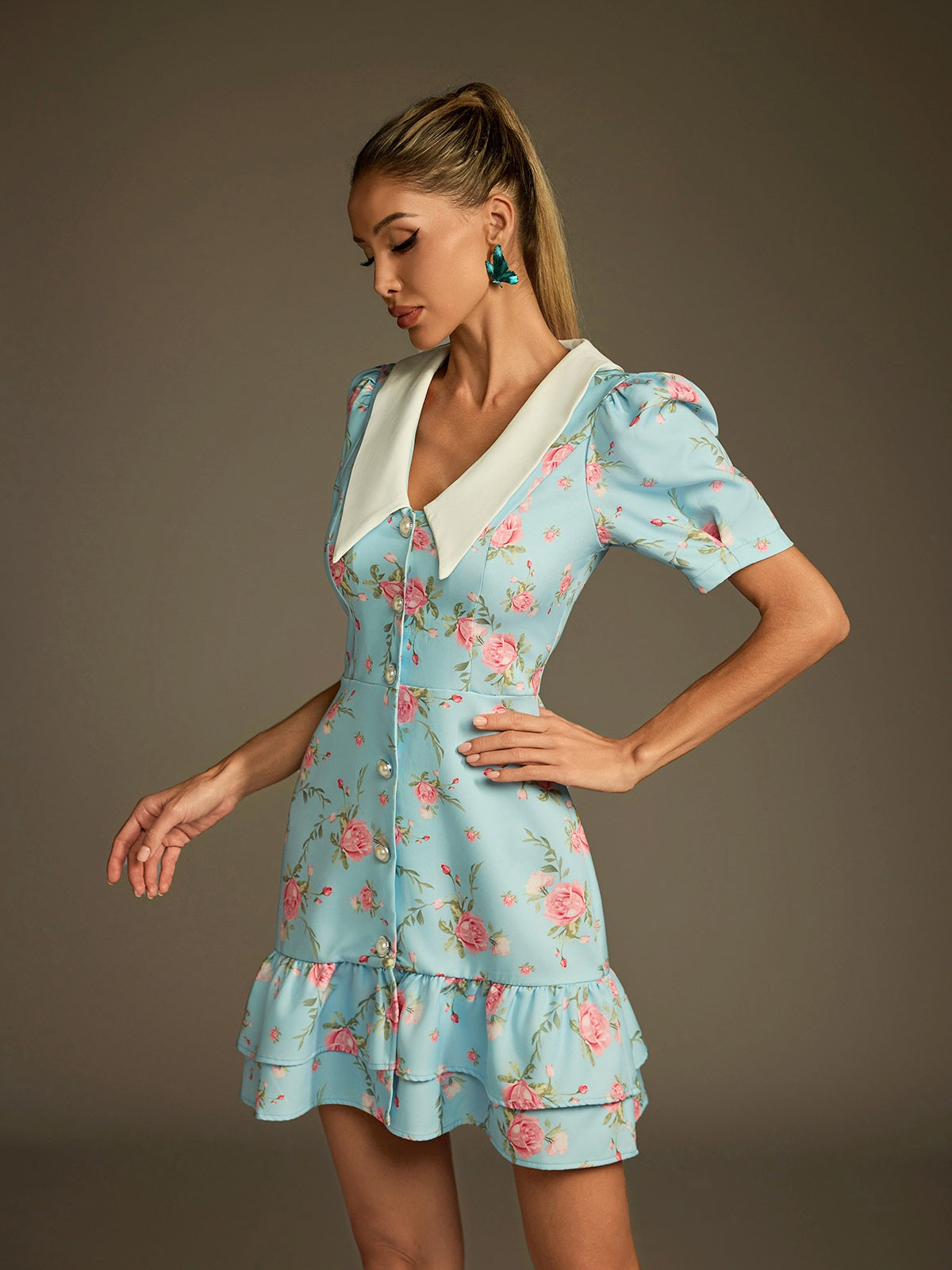 Floral Rose Print Deep V-Neck Pointed Collar Pearl Mini Dress - View 4