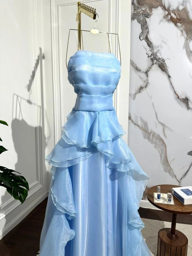 Classy Strapless Blue Organza Pleated Ruffles Long Party Dress Formal Wedding Guest Dress D1543