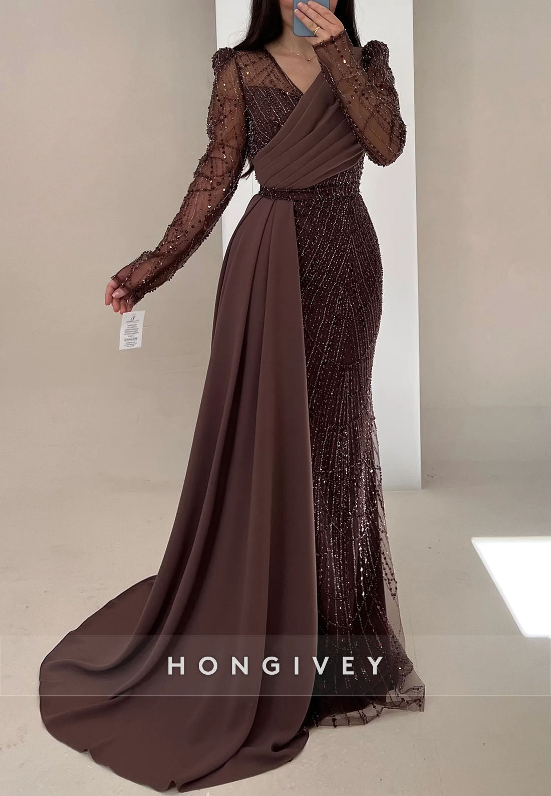 Asymmetrical Floor-Length Formal Dresses V Neck Long Sleeve Pleated Side Draping Evening Gown
