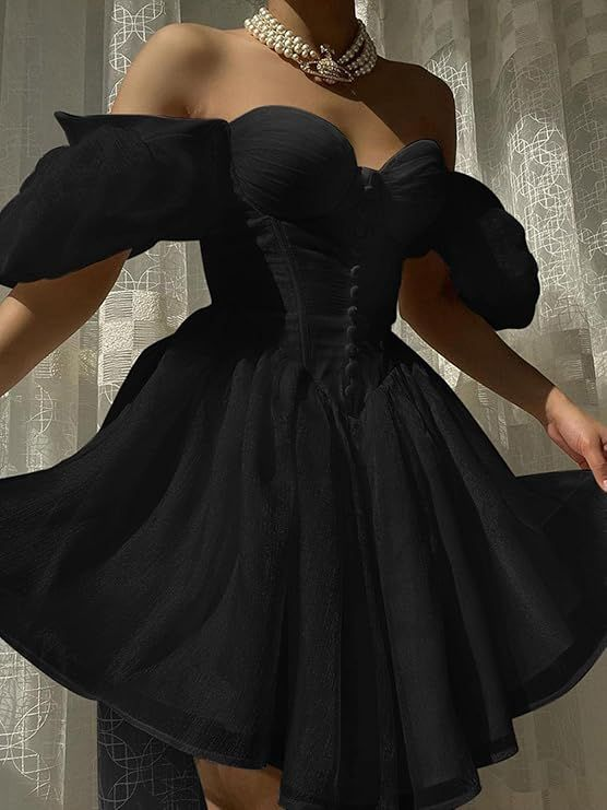 Classy Black Sweetheart Neck Organza Short Party Dress Off The Shoulder Birthday Outfits Homecoming Dress S886