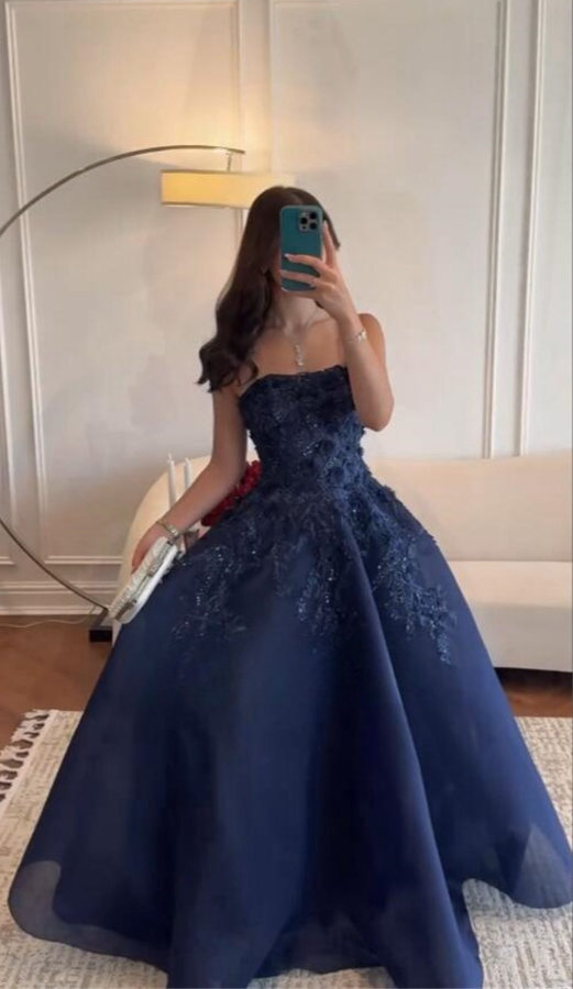 Gorgeous Navy Blue Strapless Organza Appliques Long Party Dress Evening Dress D1201