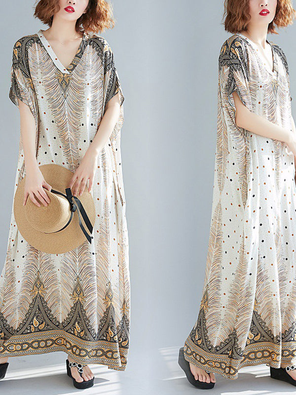 Feather Print V-Neck Batwing Sleeve Kaftan Maxi Dress 5
