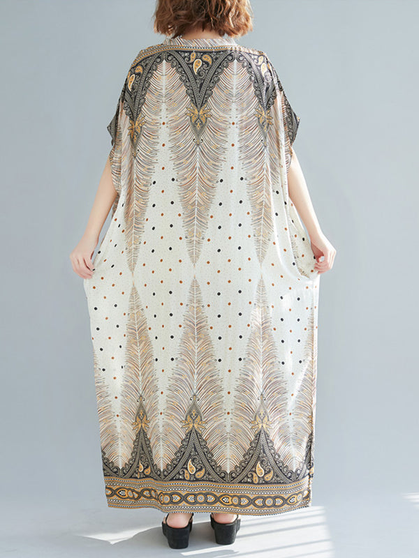 Feather Print V-Neck Batwing Sleeve Kaftan Maxi Dress 4