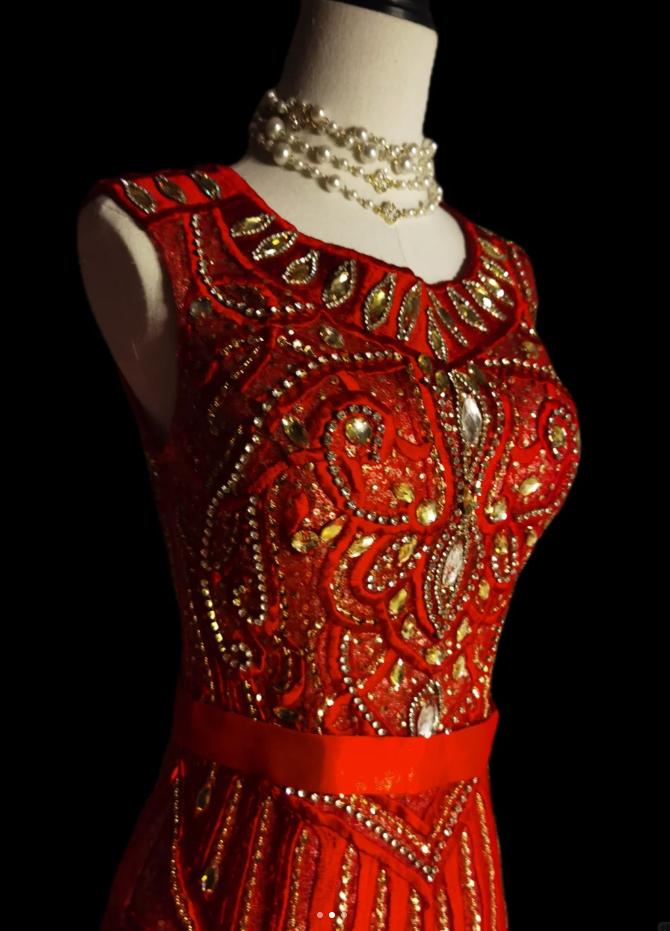 Gorgeous Sleeveless Tulle Satin Beaded Red Mermaid Evening Dress Long Prom Gown D1103