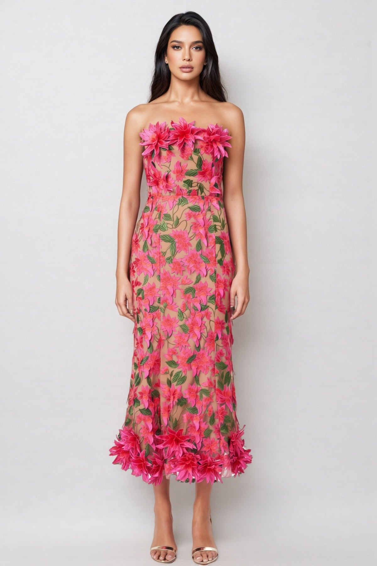 Mesh 3D Floral Midi Dress
