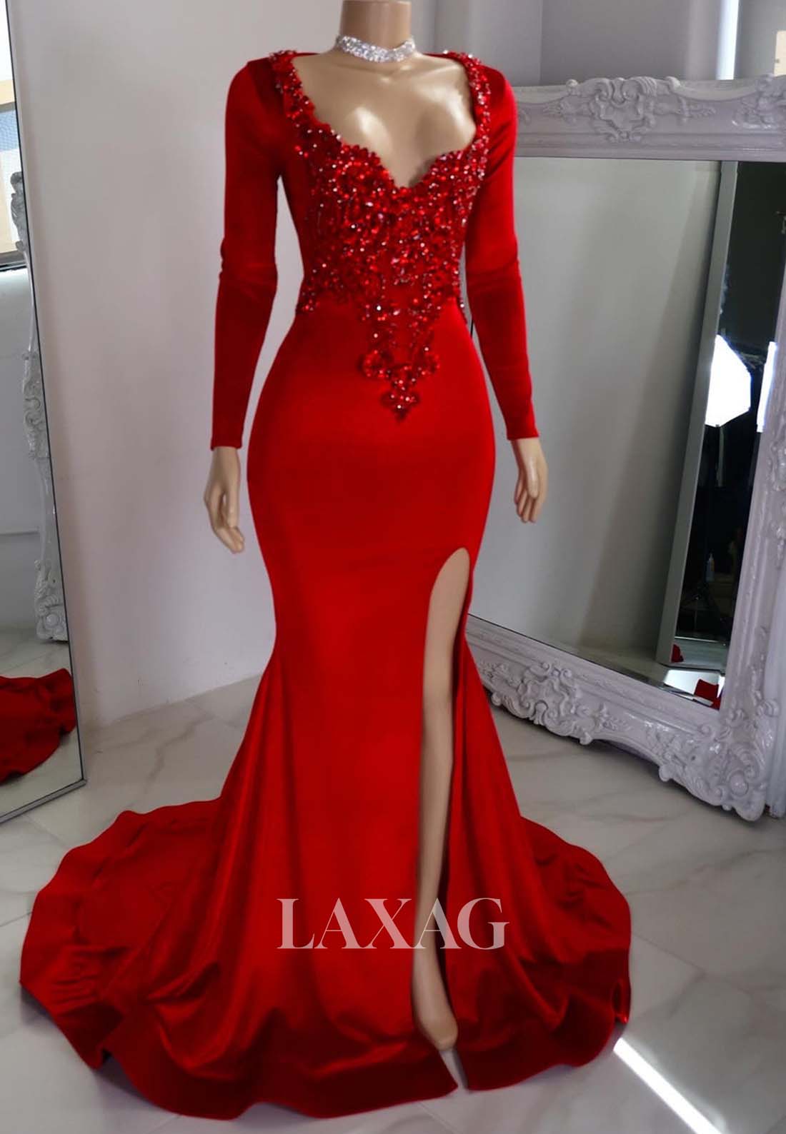 Sweetheart Long-Sleeves Beaded Slit Satin Mermaid Prom Dress for Black Girl Slay