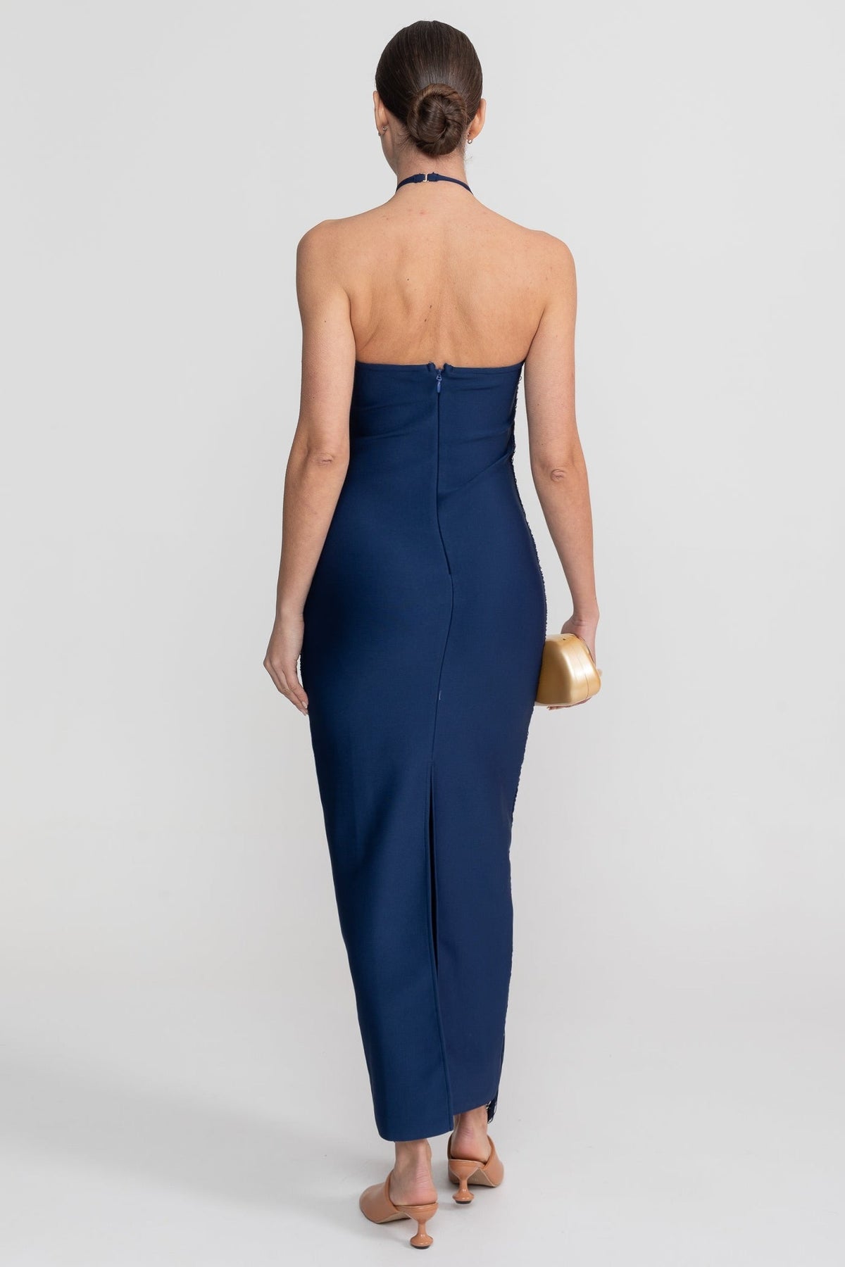 Halter Neck Midi Dress With All-Over Pleated Texture - Blue - View 4