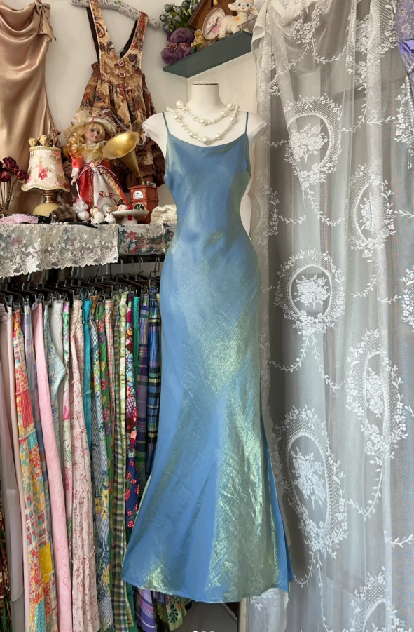 Vintage Spaghetti Straps Satin Mermaid Blue Long Party Dress Wedding Guest Dress D1646