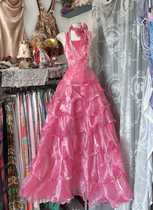Pretty Halter Organza Pleated Pink Layered Long Party Dress Birthday Outfits D1287