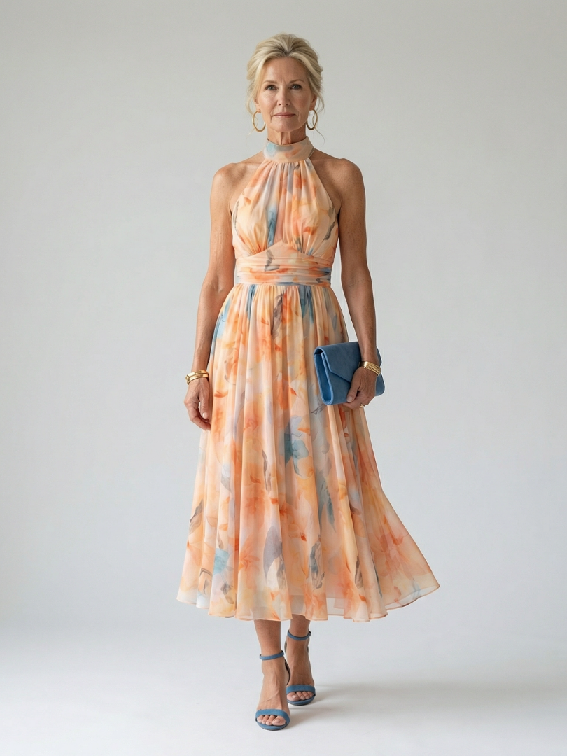 Floral Halter Neck Sleeveless Pleated Midi Dress