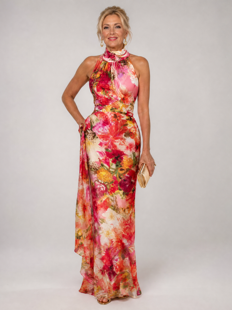 Floral Print Halter Neck Ruffle Backless Maxi Gown
