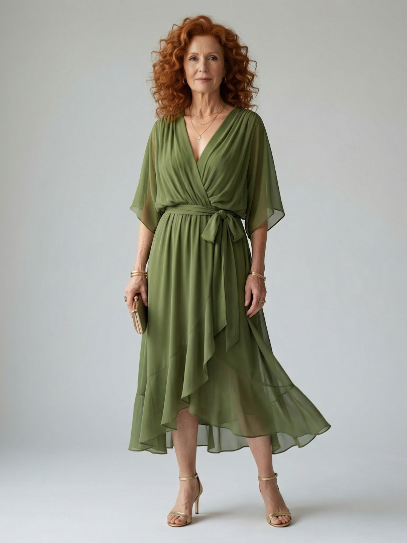 Chiffon Wrap V-Neck Flutter Sleeve Belted High Low Midi Dress