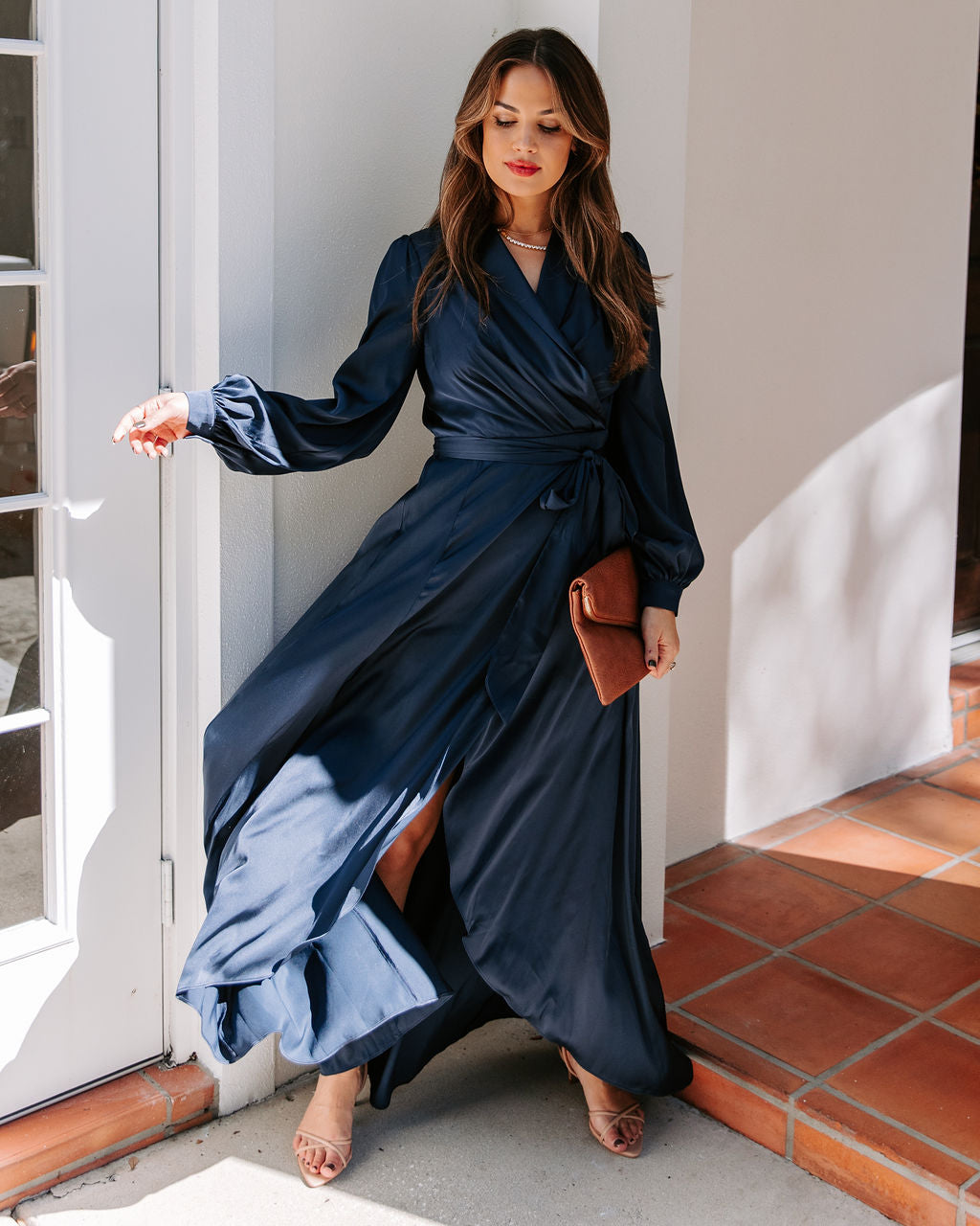 Satin Shawl Collar Long Sleeve Wrap Maxi Dress 6
