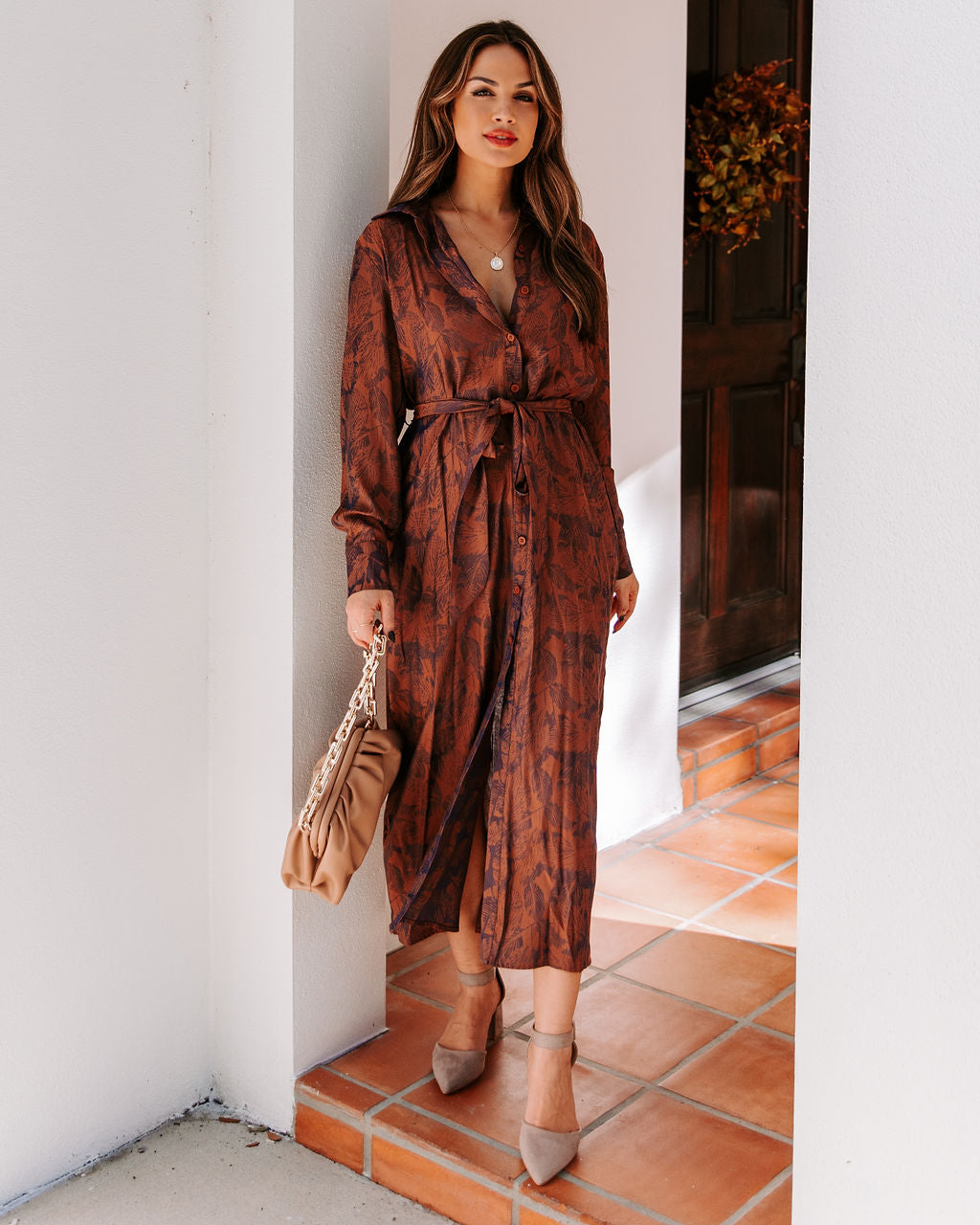 Printed Collared Long Sleeve Belted Shirt Midi Dress