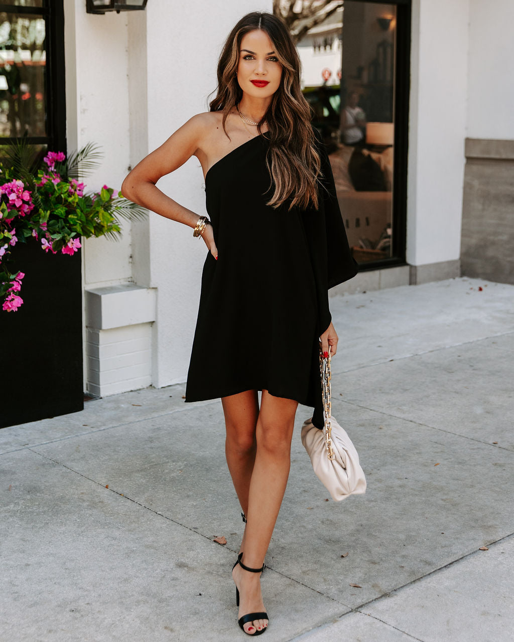 One Shoulder Long Sleeve Shift Mini Dress