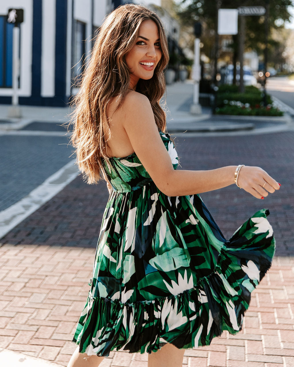 Tropical Print Strapless Pleated Tiered Mini Dress