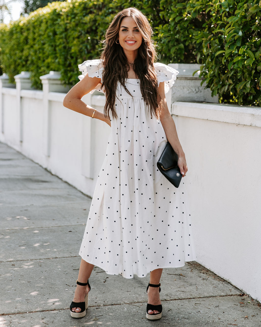 Edith Cotton Pocketed Polka Dot Midi Dress - White - Fashionpara