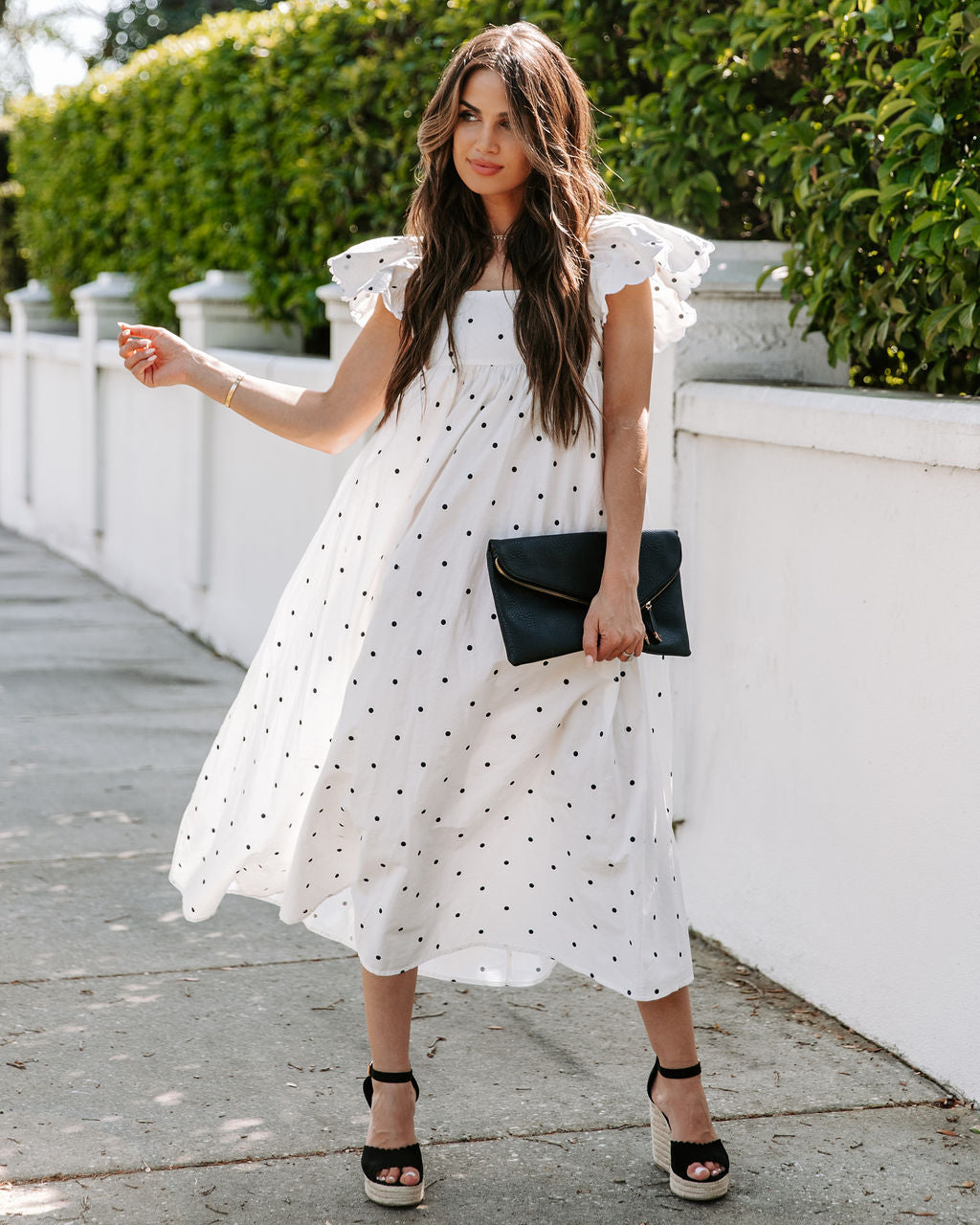 Edith Cotton Pocketed Polka Dot Midi Dress - White - Fashionpara