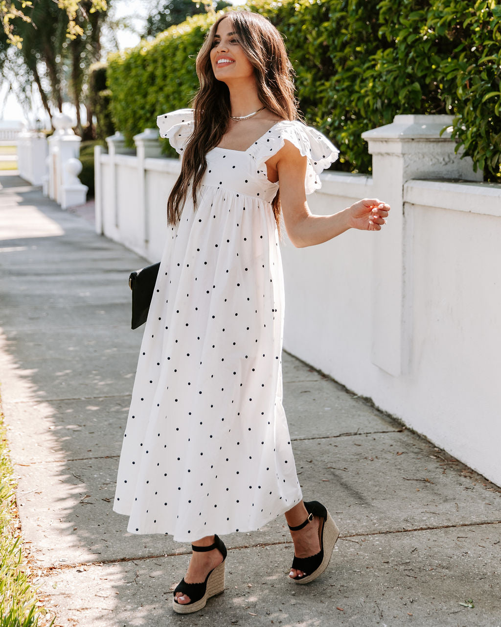 Edith Cotton Pocketed Polka Dot Midi Dress - White - Fashionpara