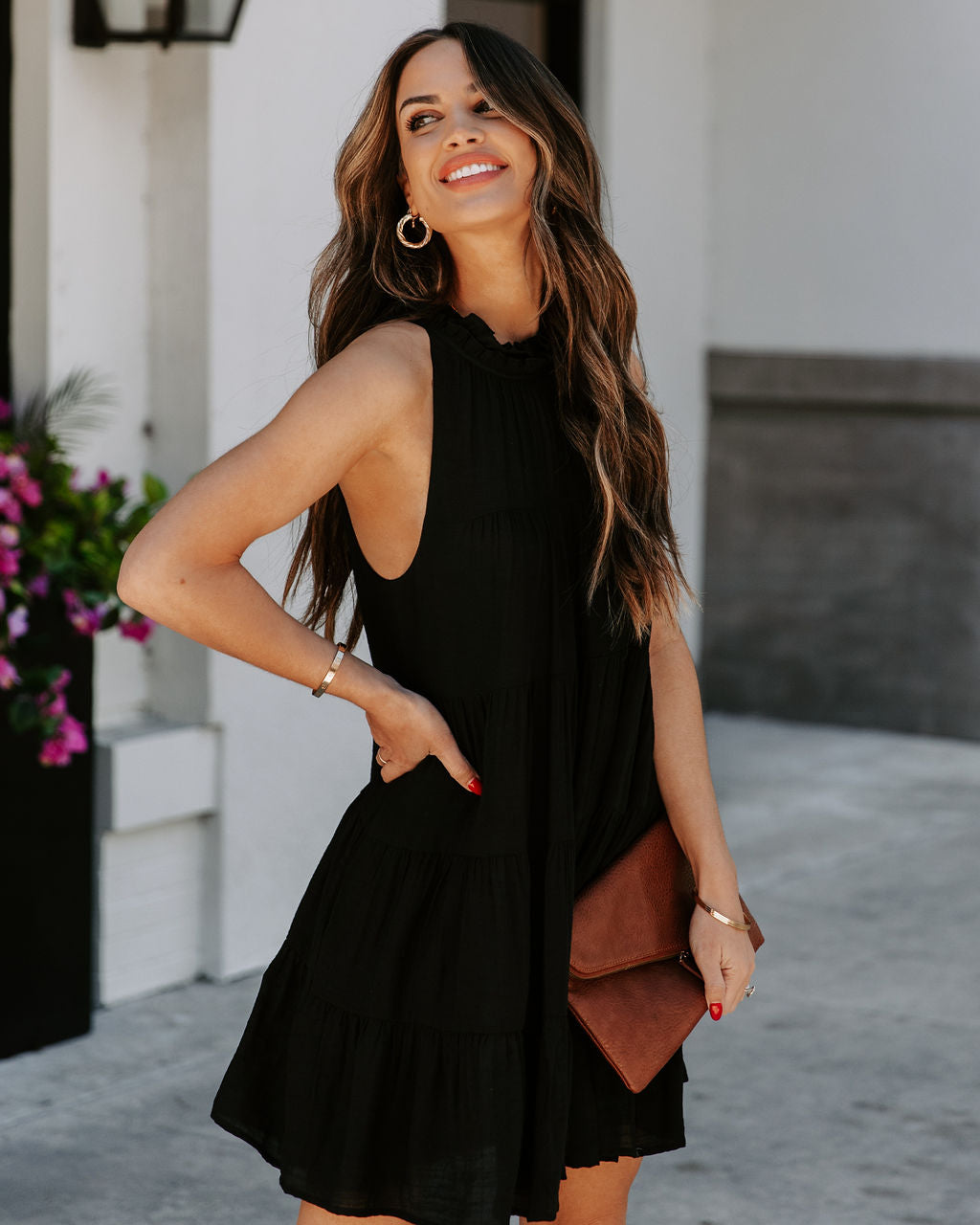 Ruffle Halter Neck Sleeveless Tiered Swing Mini Dress