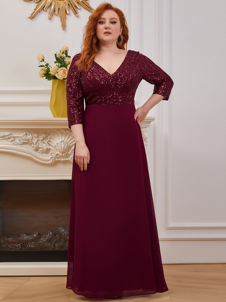 V Neck Long Formal Dress with Sequins - Red - Fashionpara