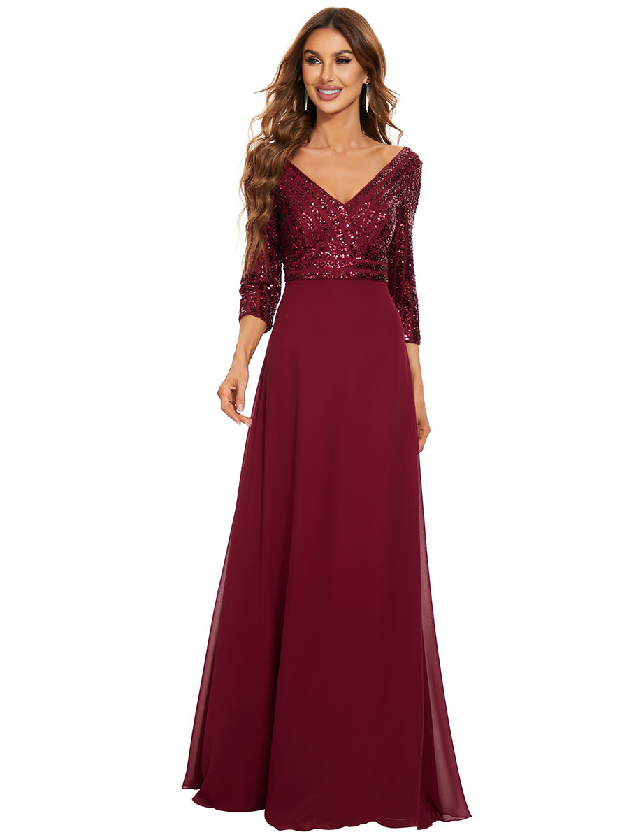 V Neck Long Formal Dress with Sequins - Red - Fashionpara