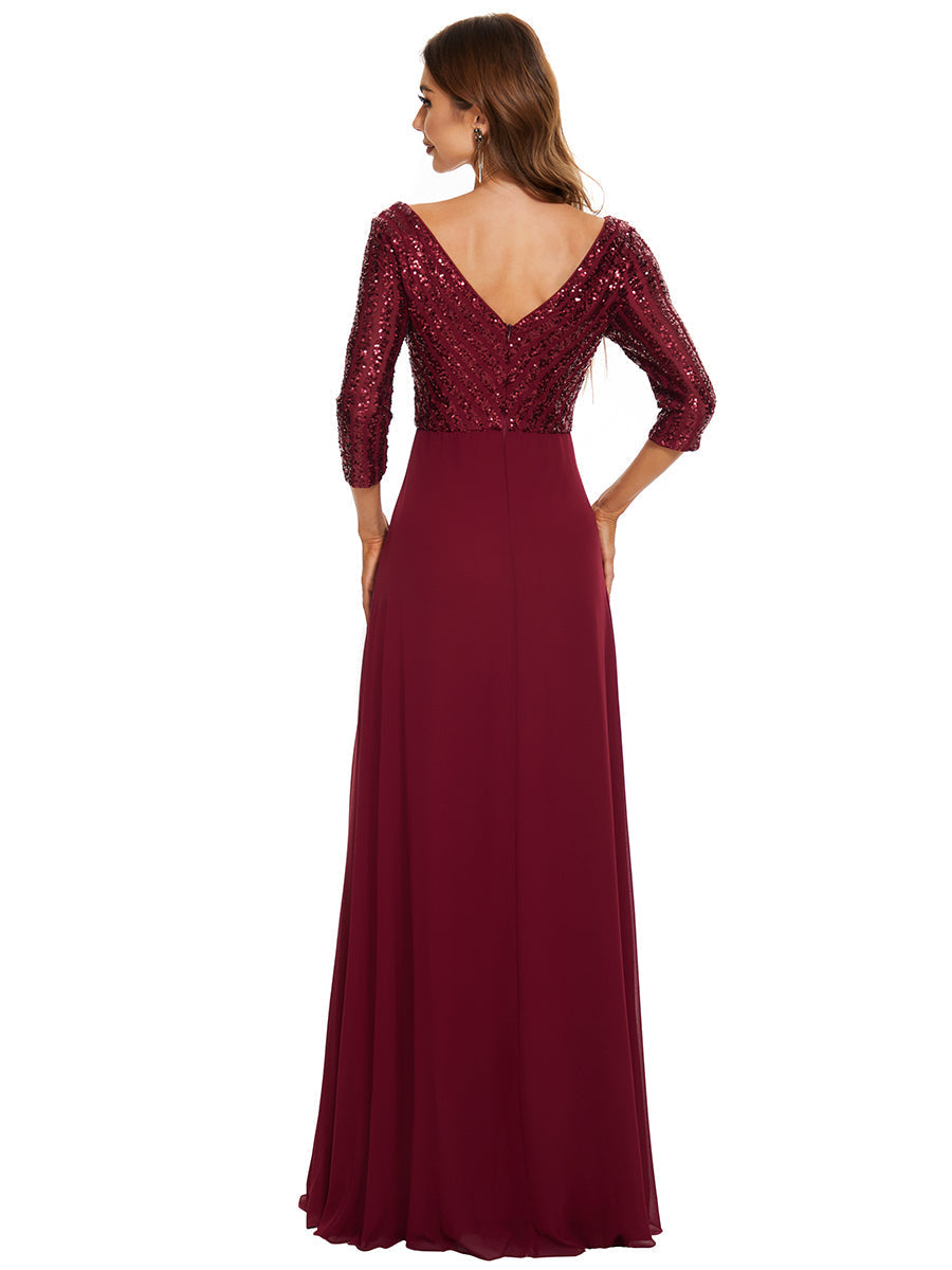 V Neck Long Formal Dress with Sequins - Red - Fashionpara