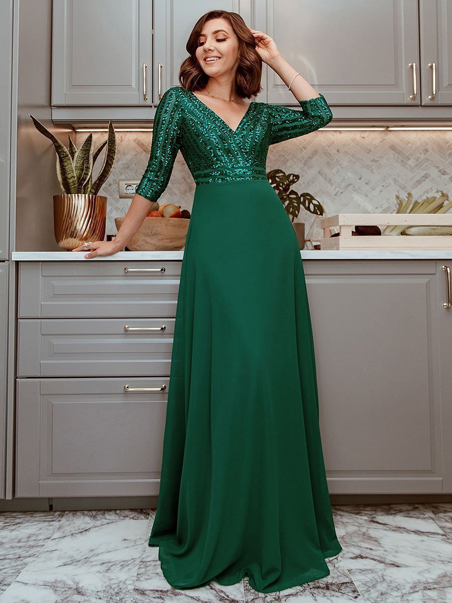 V Neck Long Formal Dress with Sequins - Fashionpara
