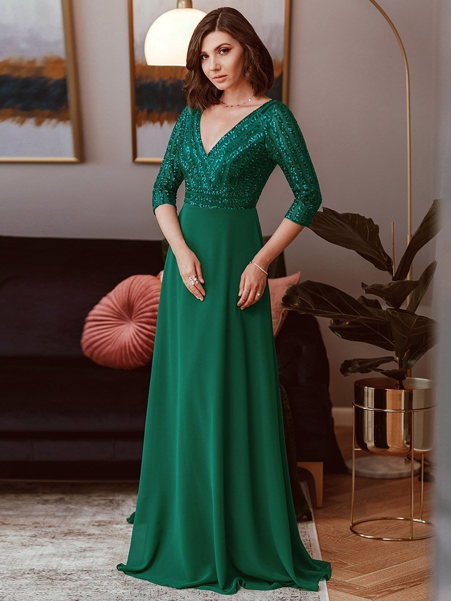V Neck Long Formal Dress with Sequins - Fashionpara