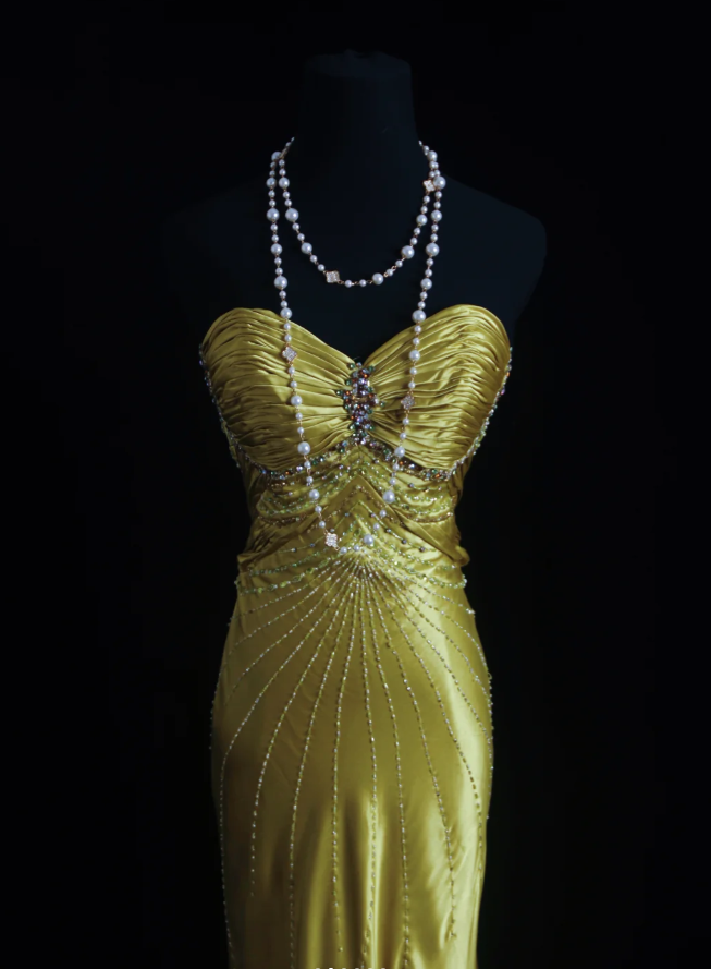 Stylish Strapless Gold Satin Pleated Beaded Mermaid Long Birthday Party Dress Evening Dress D1684