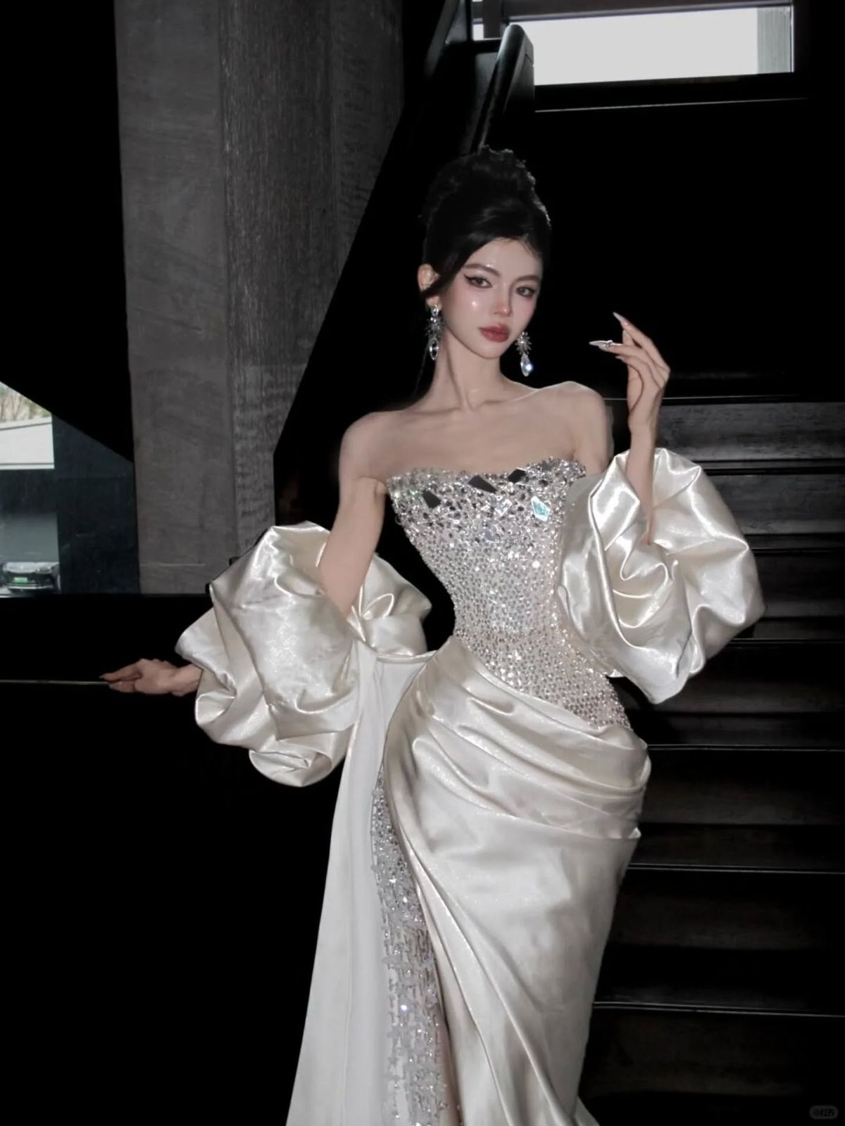 Luxurious Ivory Strapless Satin Sequin Beaded Slit Mermaid Evening Dress Party Gown D1193