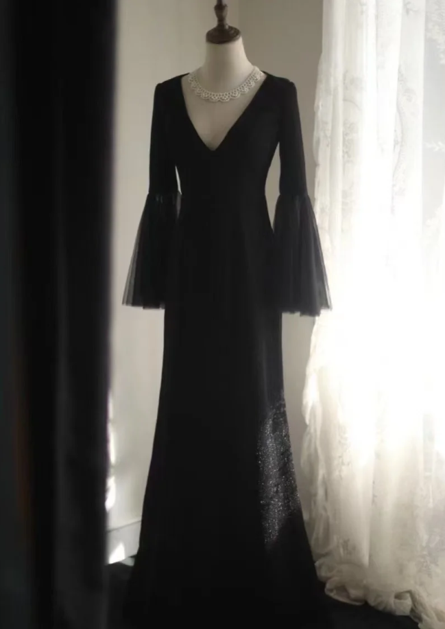 Elegant Black V Neck Satin Sequin Mermaid Party Dress Birthday Prom Gown D1271