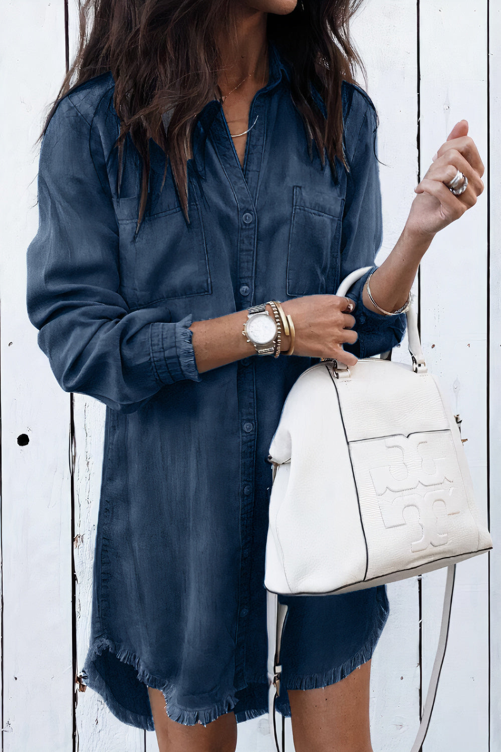 Denim Sleeveless Button Front Belted Shirt Midi Dress - View 2
